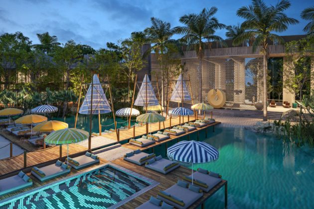 Mondrian Tulum Residences render zona alberca y camastros